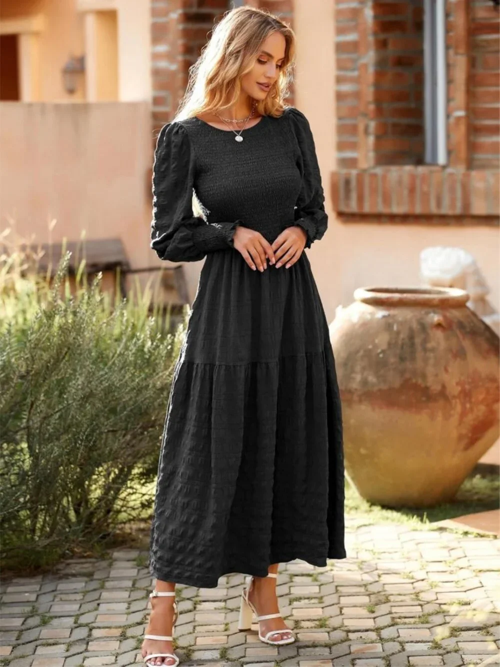 Spring Puff Long Sleeve Maxi Dress - Smocked Empire Waist, Tiered A-line, Flowy